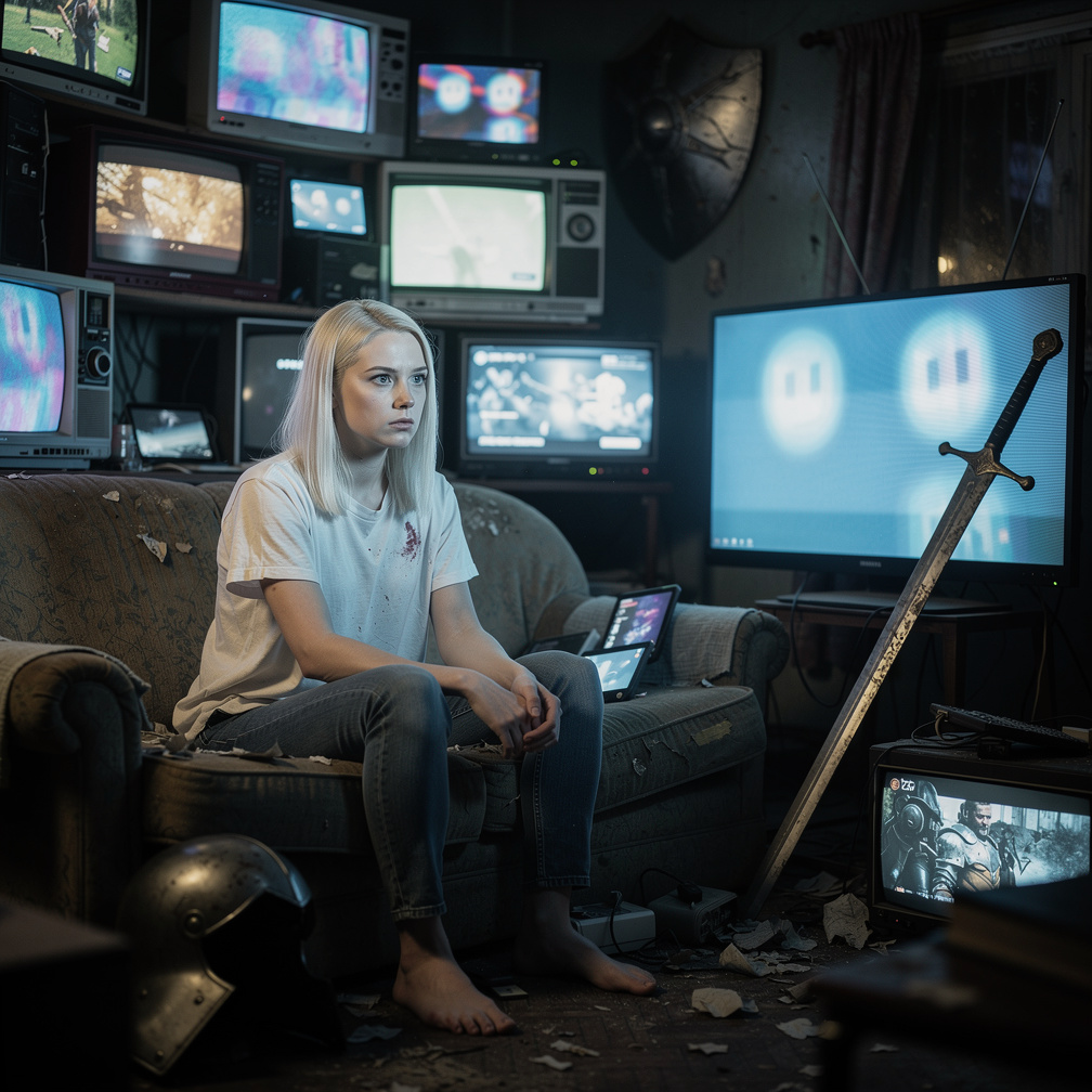 humanity succumbs to numbness, unaware of the invasion, as screens glow with endless entertainment.