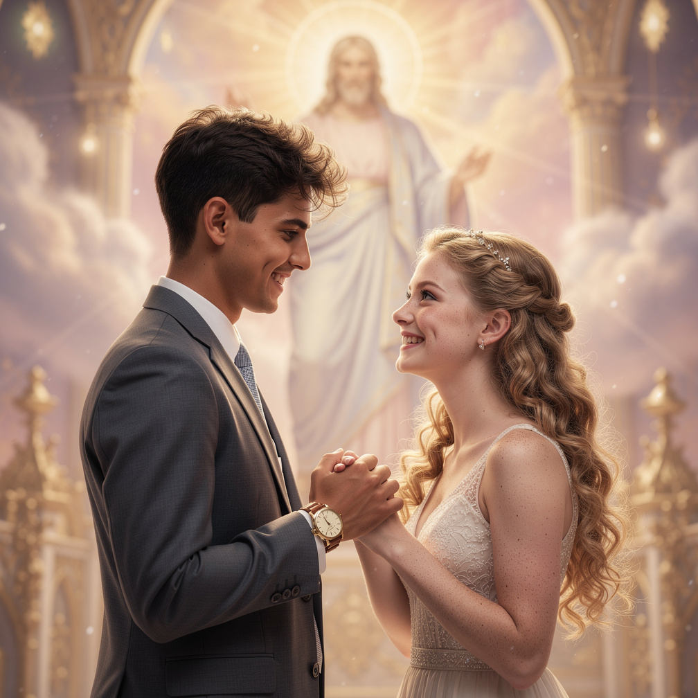 God blesses the rich couple, smiling at their happiness.