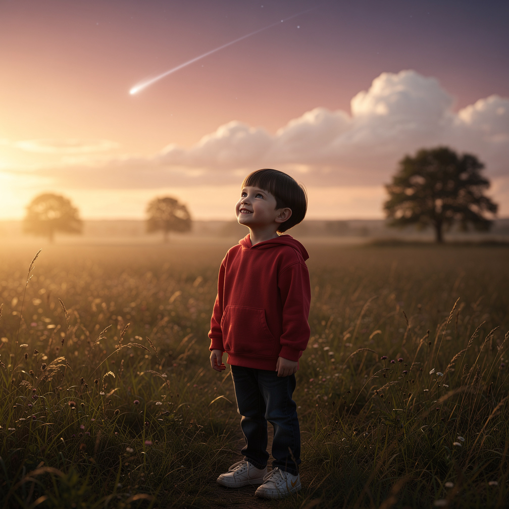The boy's eyes sparkle as a shooting star streaks across the sky, his smile widens, and he makes a wish.