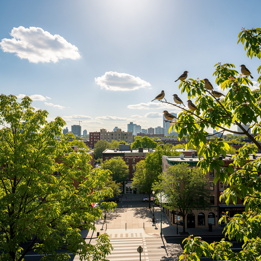 Sunshine filled the streets, birds sang sweet melodies, and a gentle breeze rustled the trees.