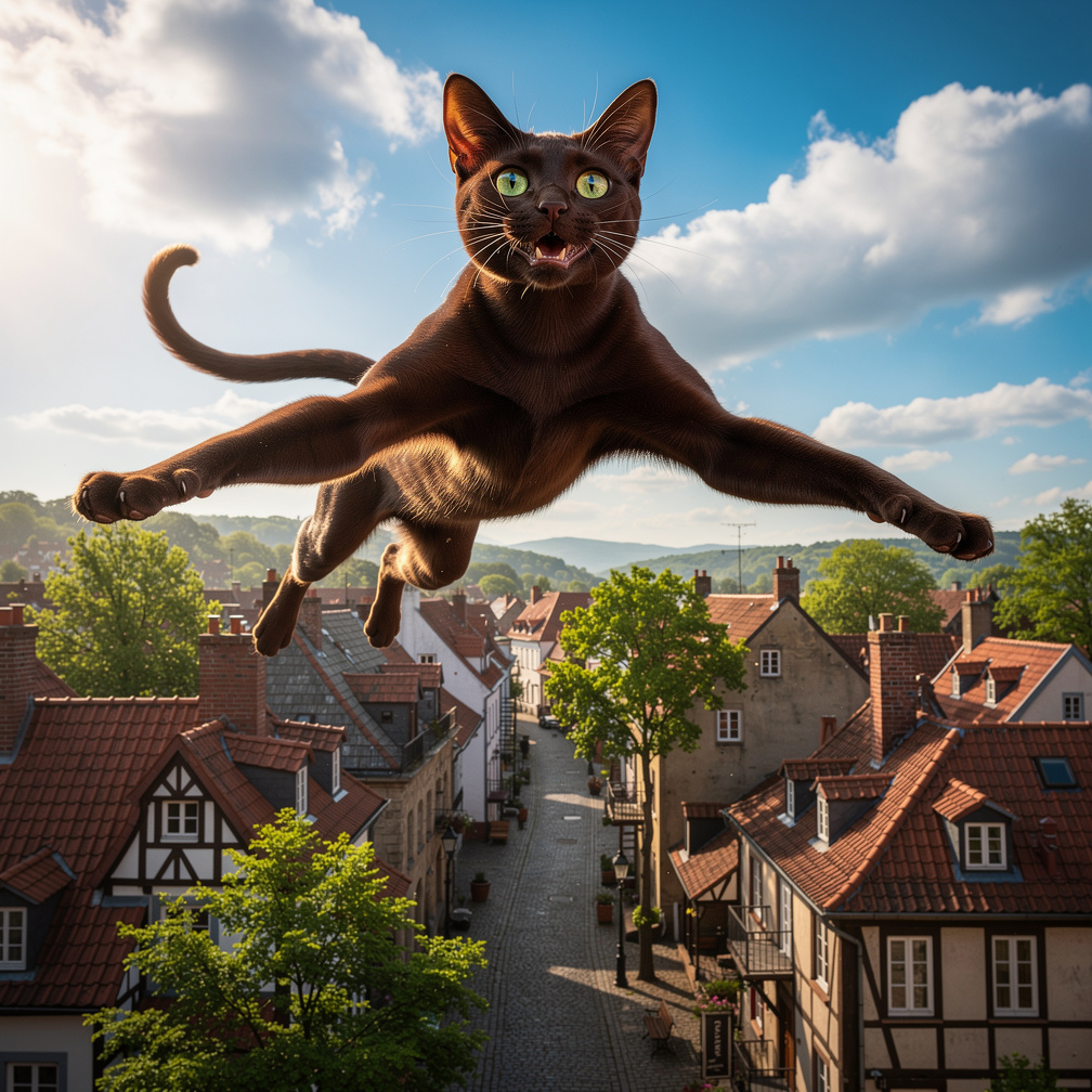 It soars over a surprised village, its whiskers ruffling in the wind.