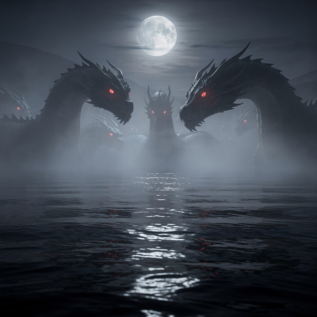 Misty silhouettes of dragons emerge, their eyes glowing in the darkness as the camera descends deeper into Loch Ness.