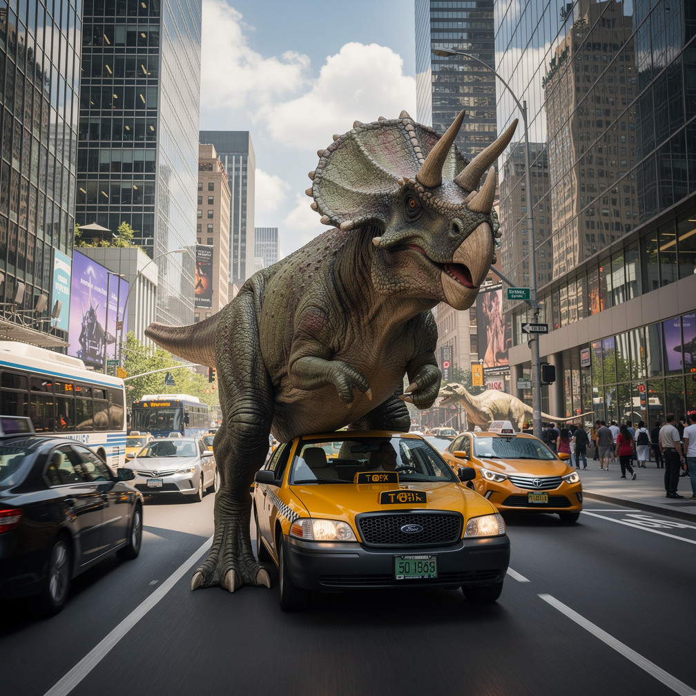 Tyrannosaurus taxis roamed city streets, driven by skilled triceratops.