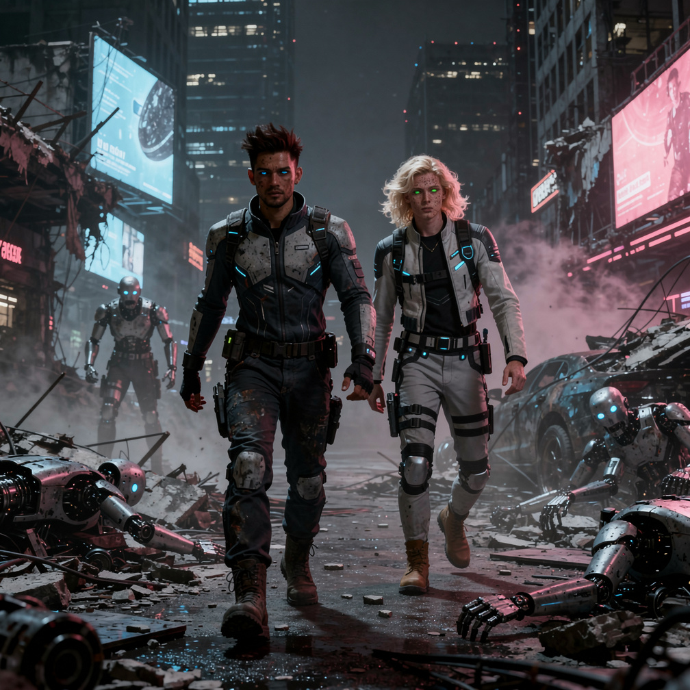 Zilverk Demon y Zero Demon se adentran en la ciudad oscura, rodeados de ruinas y robots zombies que los acechan.