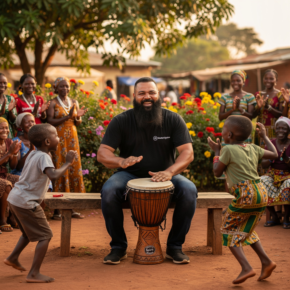 Villagers gather around MasterDjembe, clapping to the rhythm, as children dance with joy, feeling the healing power of the Dj