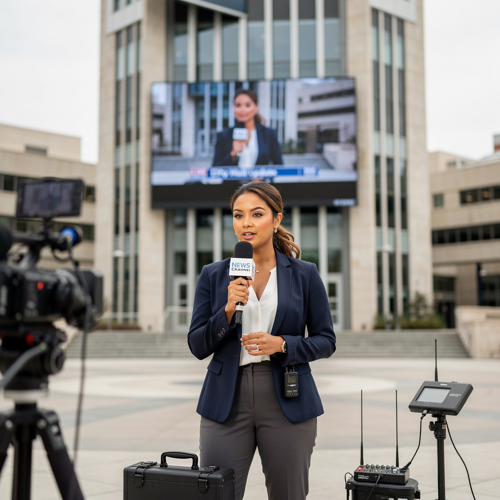 Kimberly broadcasting news from city hall tower.