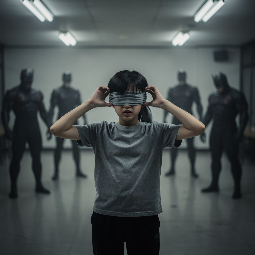 I hesitate, feeling uneasy, and slowly put on the blindfold, wondering what's to come.