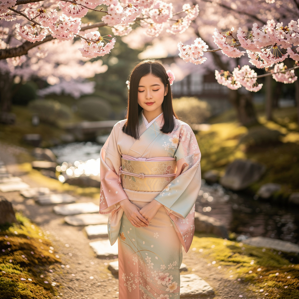 Soft natural light falls on sakura blossoms framing her face.
