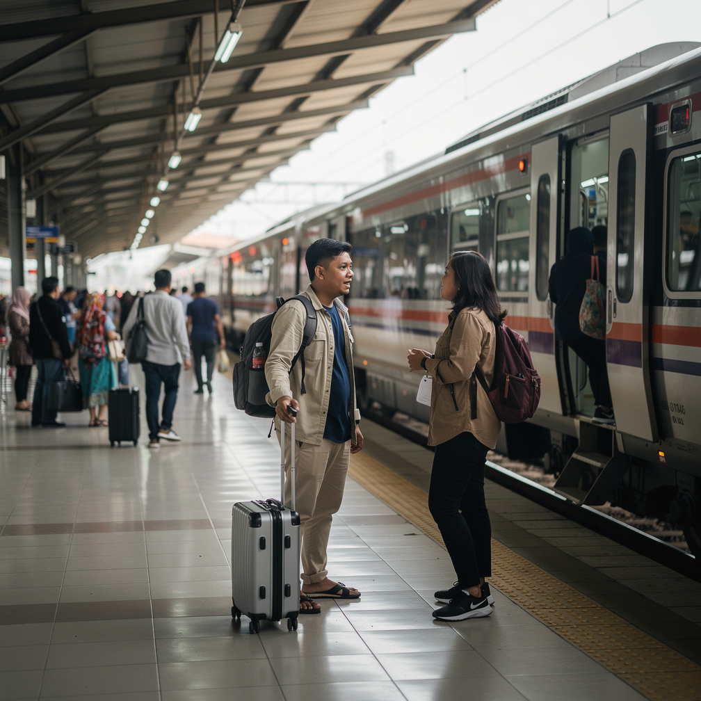 Saya juga mau ke Jawa Tengah, Rizki, kebetulan sekali, kereta sudah datang.