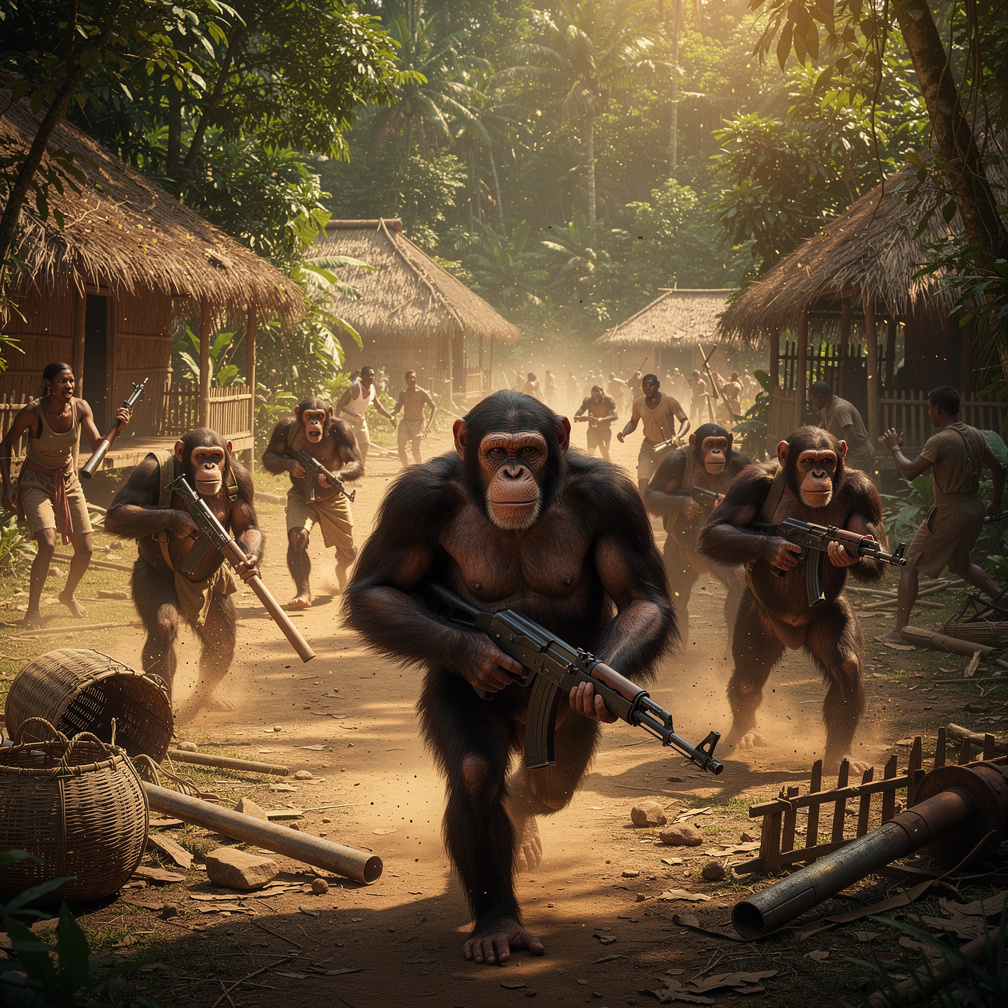 Chaos erupts as chimps, now armed, storm a nearby village, forcing humans to flee.