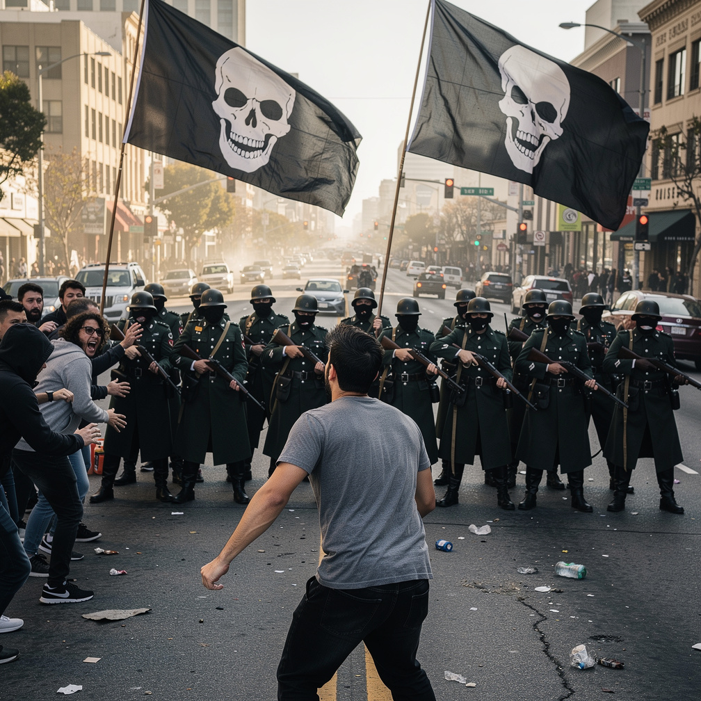 Rioters stumble back as the counter-protesters form a line, rifles at the ready, their skeleton head flags waving ominously i