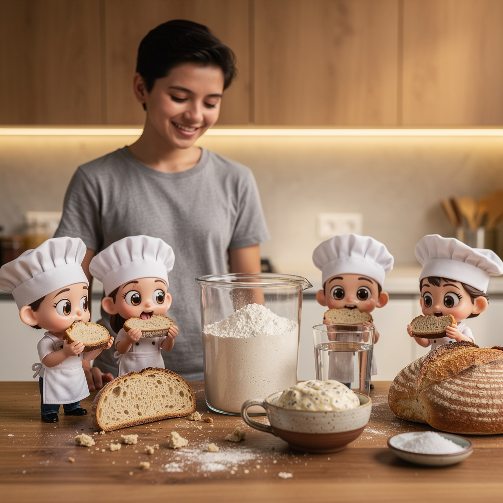 Chibi chefs appear, excitedly tasting the freshly baked sourdough bread.