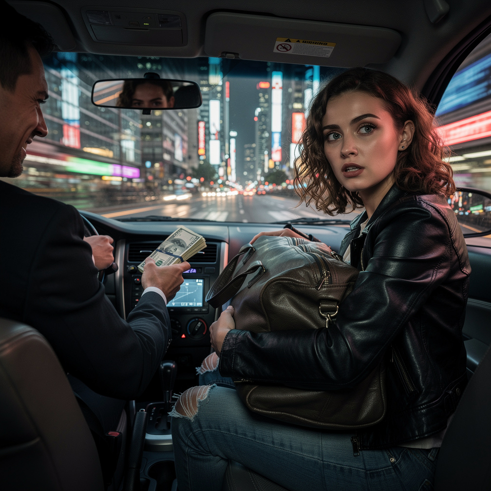 She escapes her house, grabs a taxi, and hands the driver $100,000 to take her to the city.