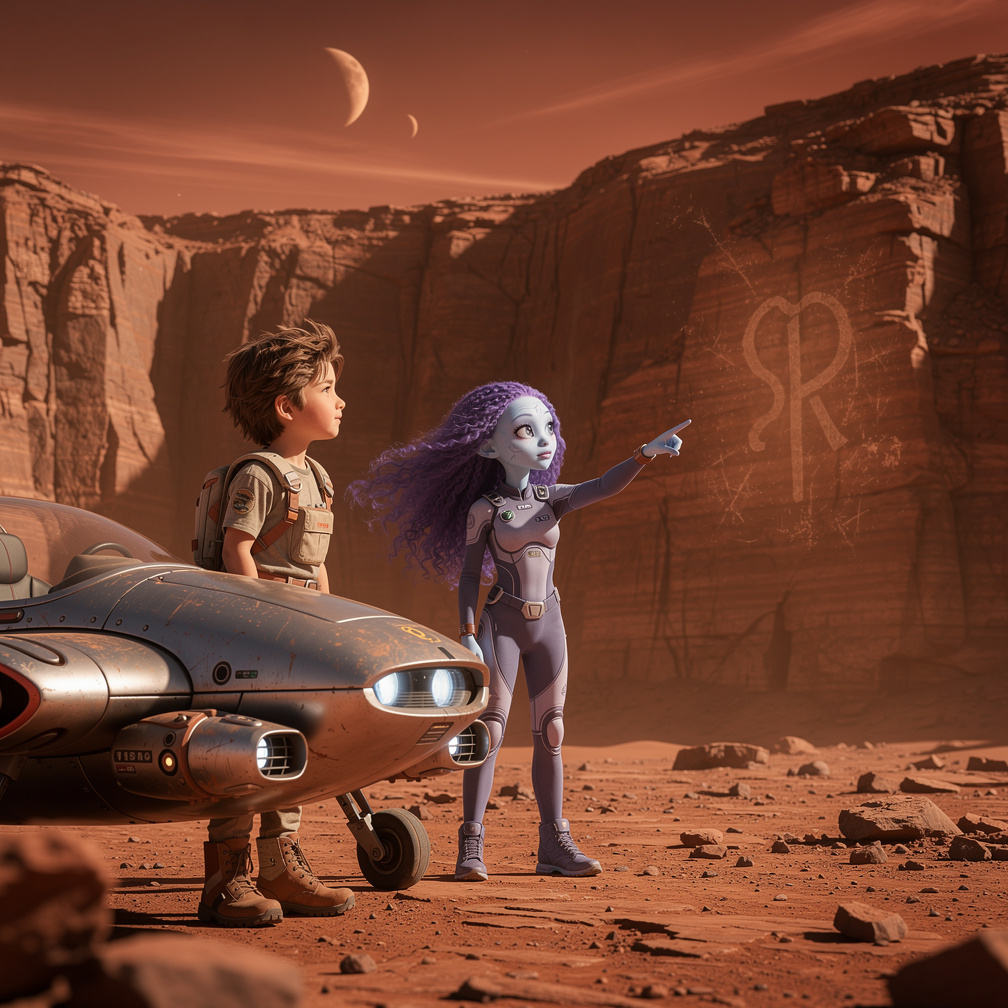 Their ship lands near a massive canyon, where the Martian girl, Aria, spots a faint symbol etched into the rock.