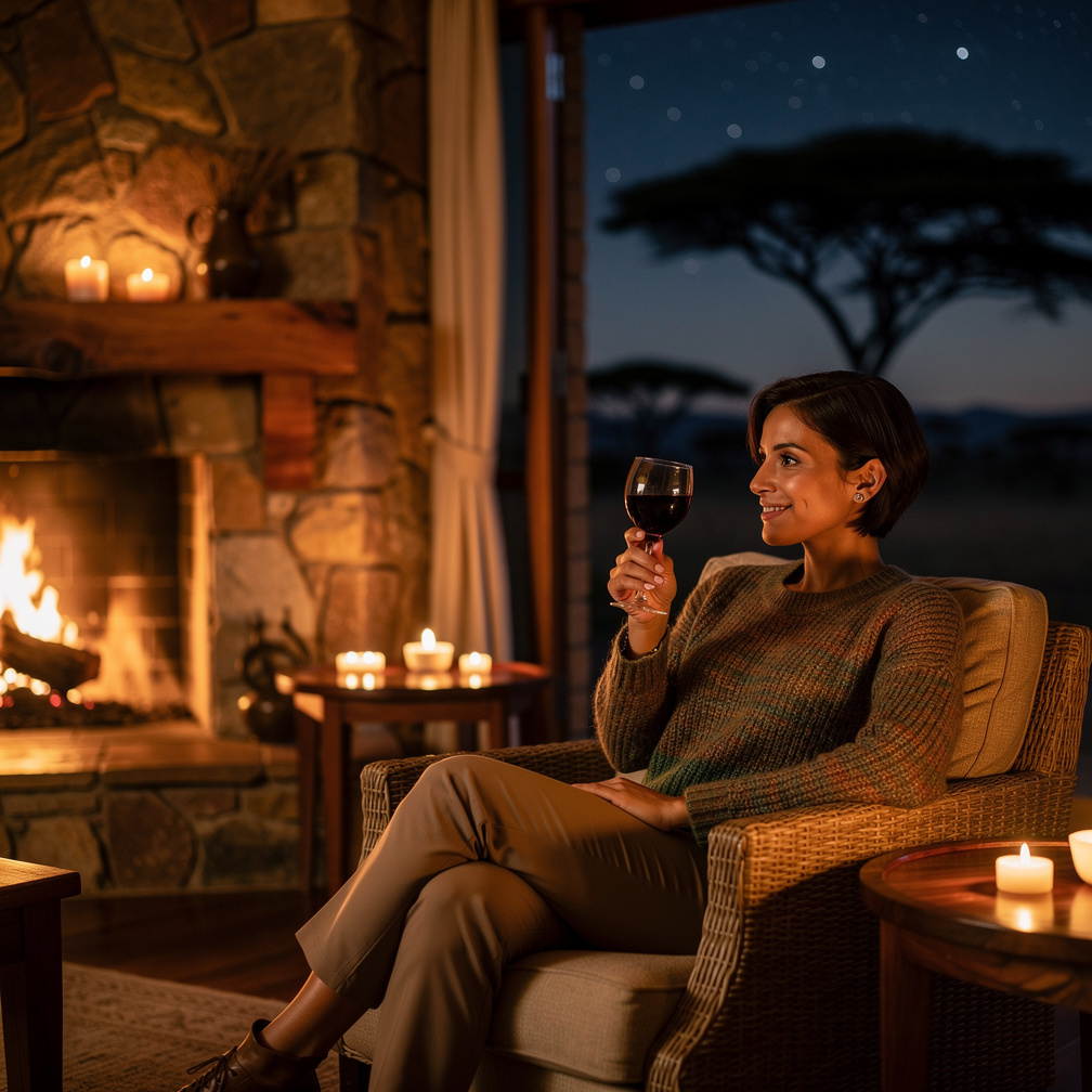 As night falls, Zonika sits by the crackling fireplace, sipping wine and listening to the sounds of the African night. Sudden