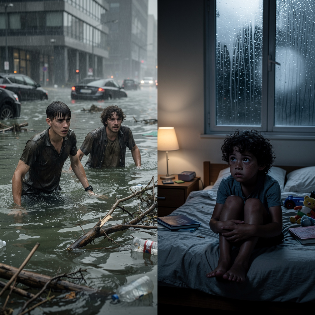 João e Daniel tentam encontrar abrigo, enquanto Joaquim ouve o barulho da chuva e Geraldo vê a enchente pela janela.
