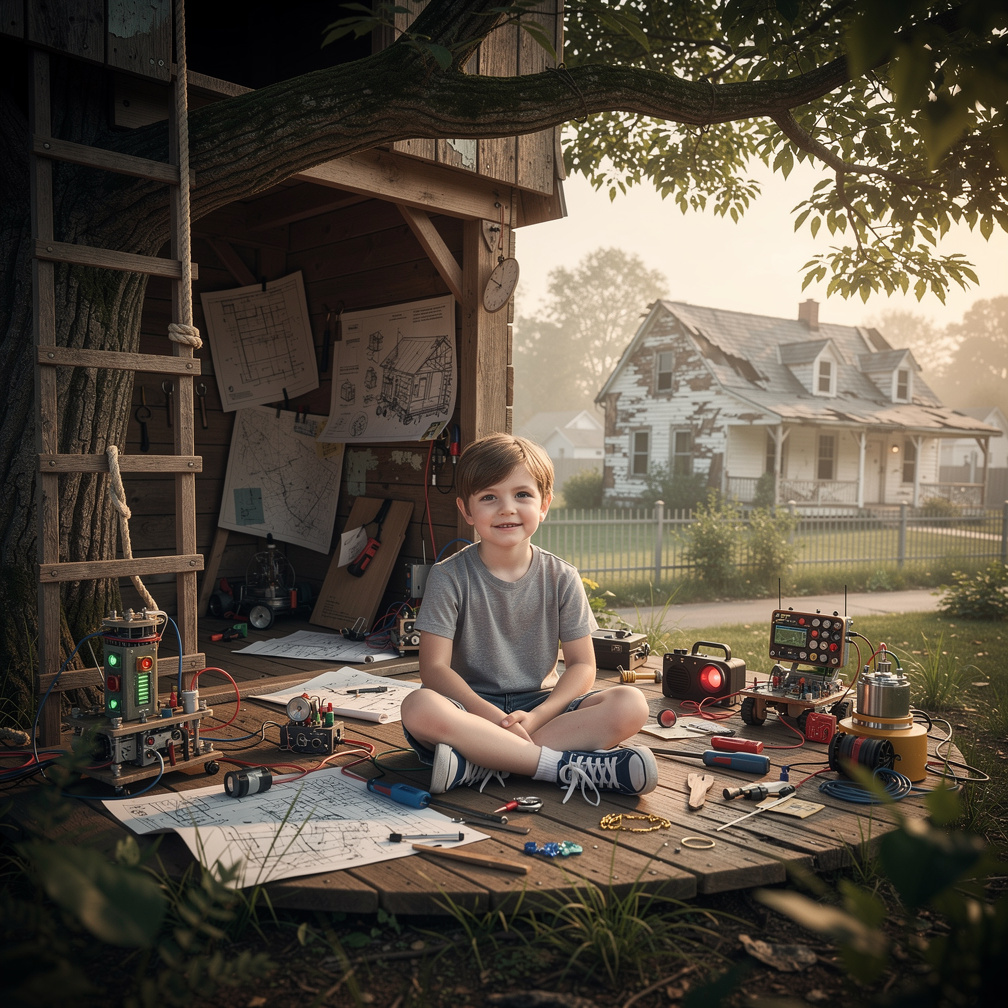 His treehouse was a maze of gadgets and maps, with a view of the orphanage where he supposedly lived.