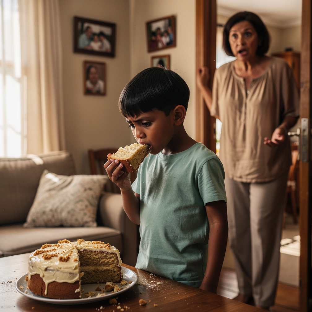another slice, and before he knew it, half the cake was gone. His mother walked in.