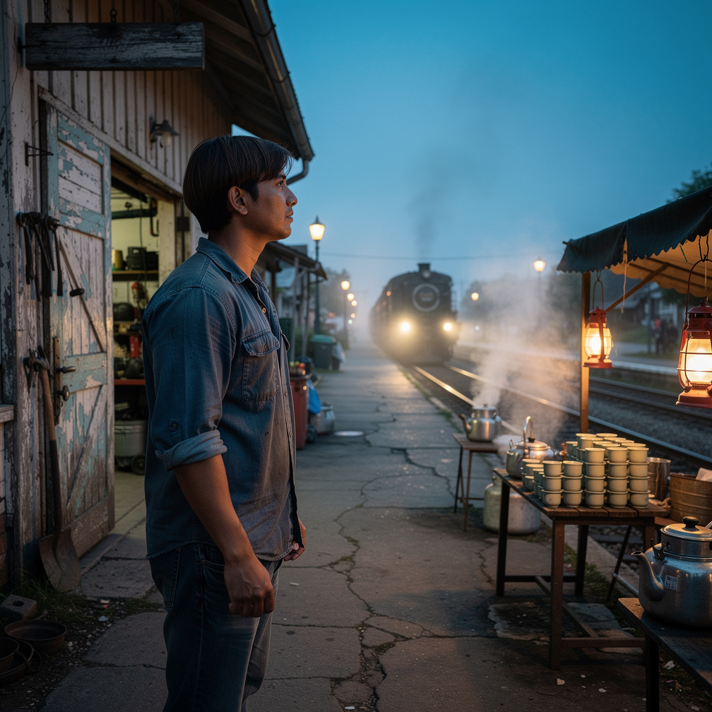 The mechanic's thoughts are interrupted by the sound of a locomotive whistle in the distance, a familiar signal that the day'