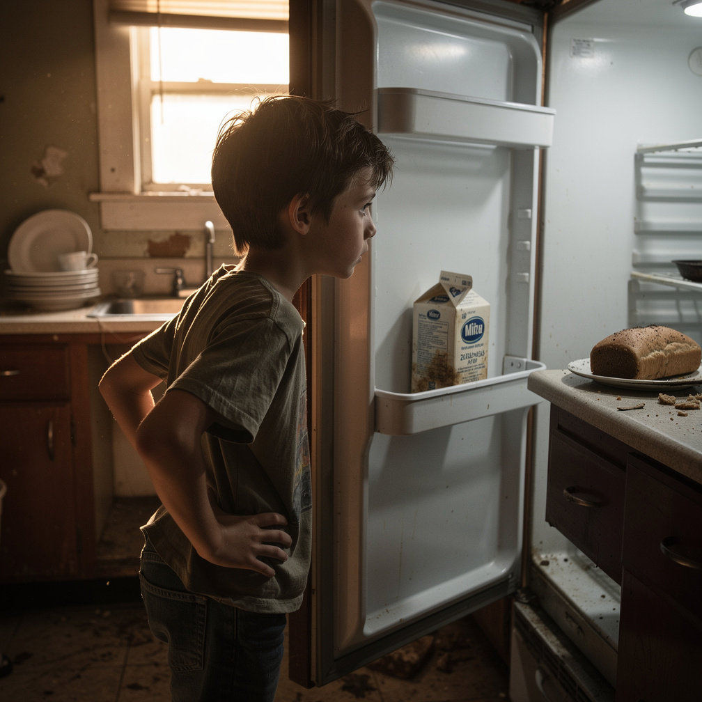 I rummage through the empty fridge, finding only a carton of expired milk and a moldy loaf of bread. I sigh, feeling hungrier