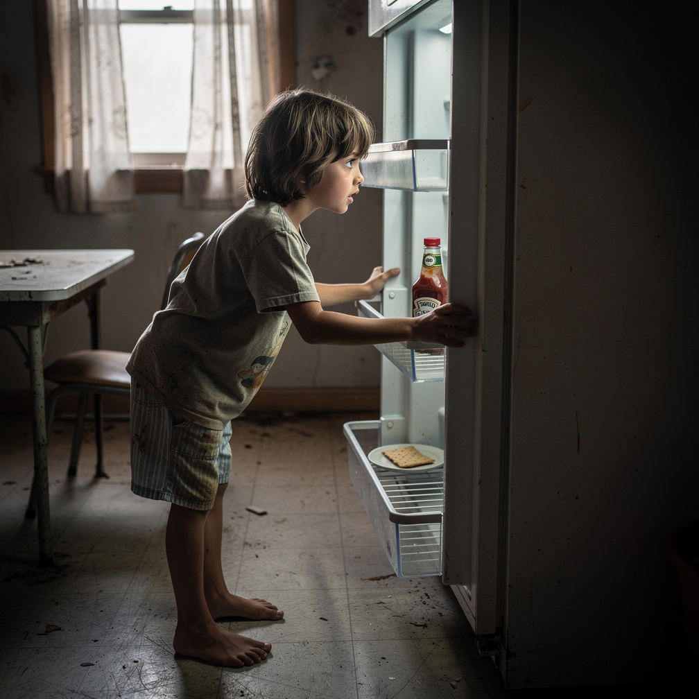 I rummage through the empty fridge, finding only a half-empty bottle of ketchup and a stale cracker.