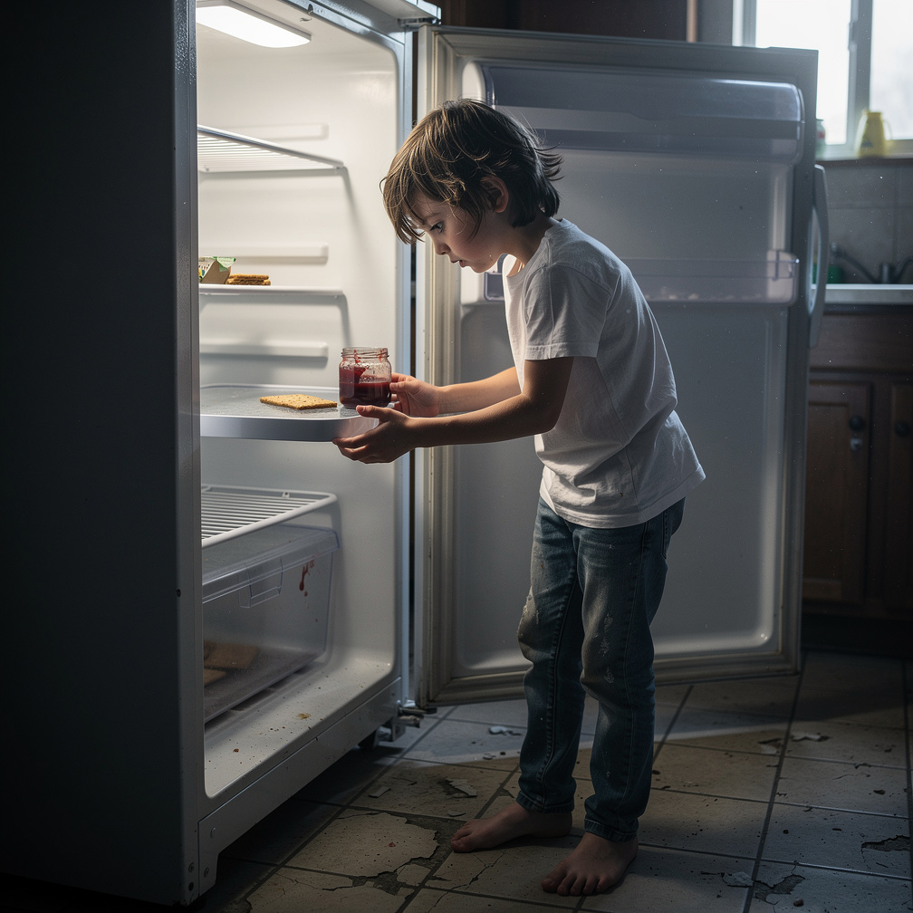 I rummage through the empty fridge, but all I find is a stale cracker and a nearly empty jar of jam.