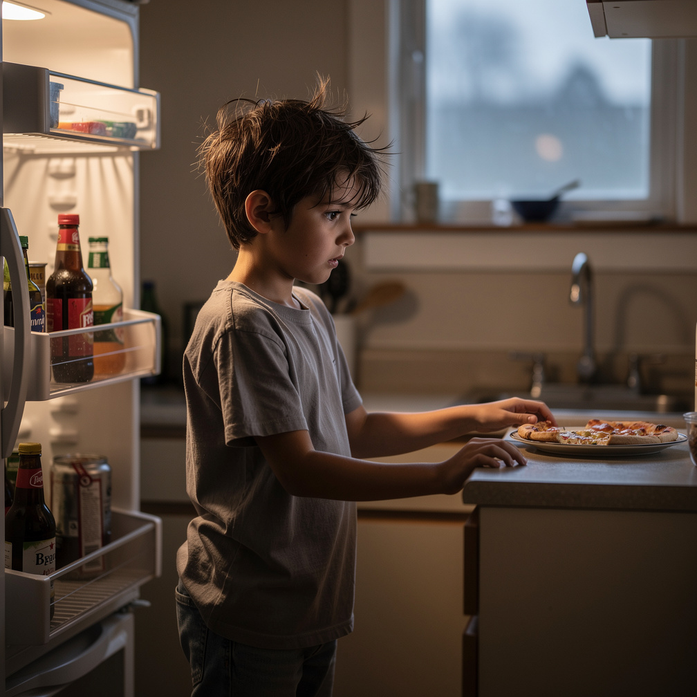 I open the fridge, it's almost empty. I spot a leftover pizza from last night, my stomach growls loudly.