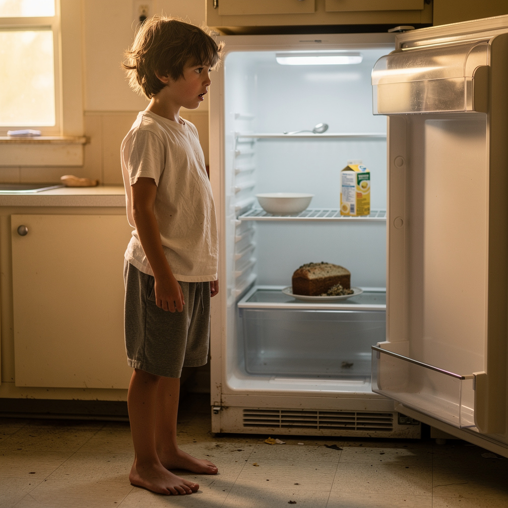 I open the fridge, it's almost empty, just a carton of expired milk and a moldy bread loaf stare back at me.