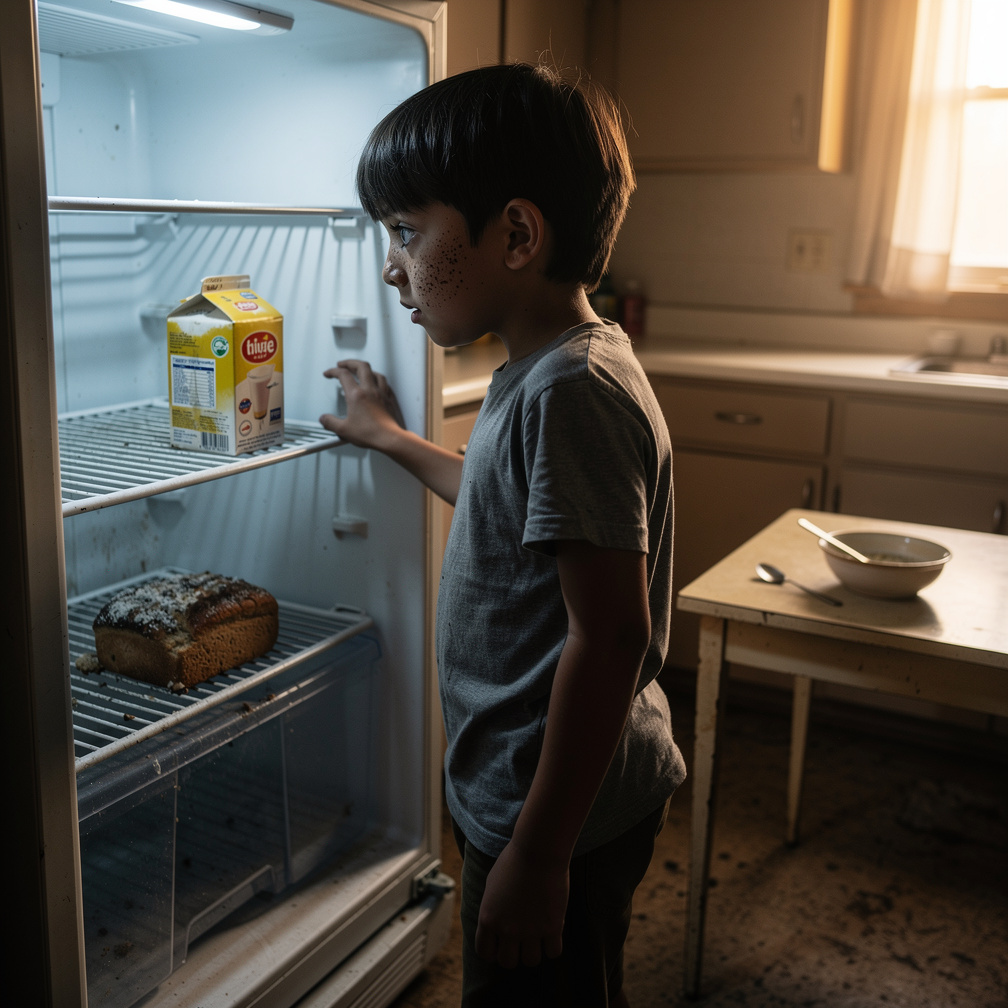 I open the fridge, it's almost empty, just a carton of expired milk and a moldy bread loaf staring back at me.