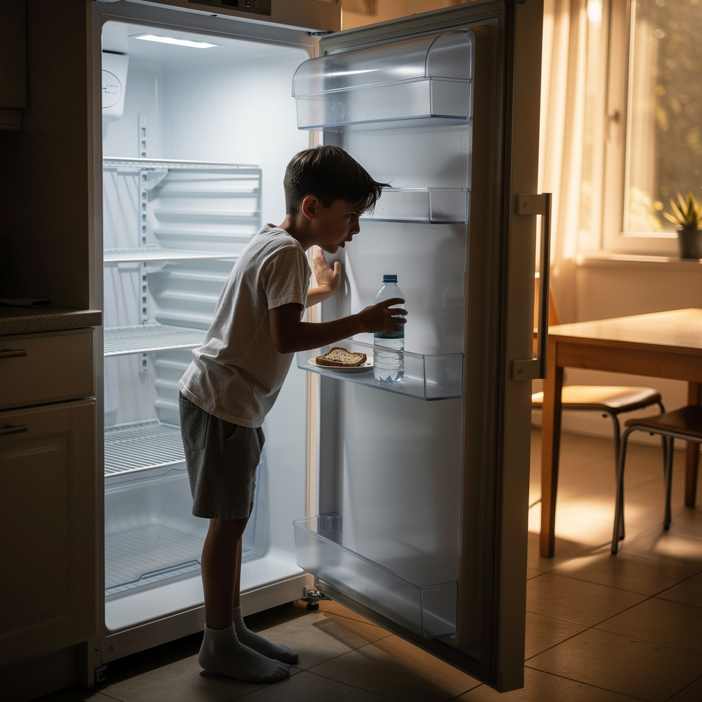 I rummage through the empty fridge, finding only a half-empty water bottle and a moldy slice of bread.