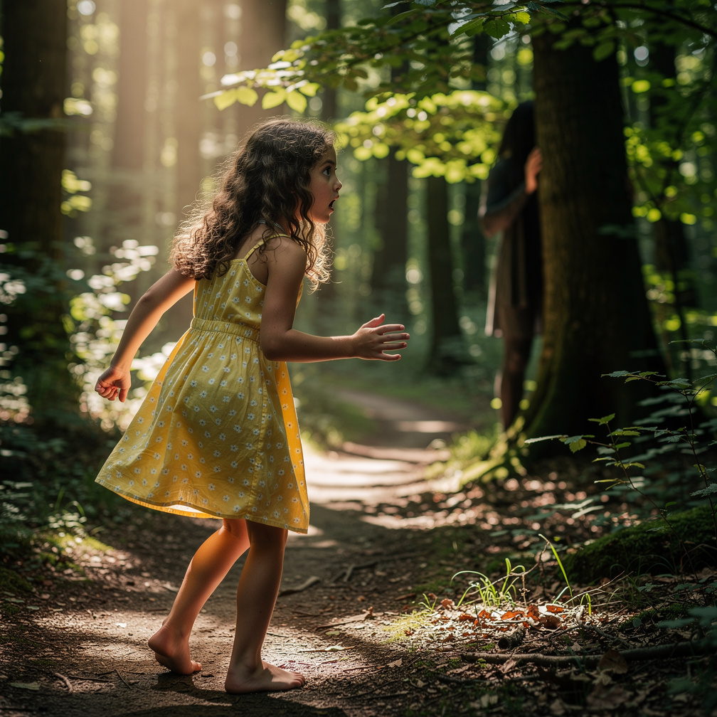 She stumbles backward, eyes fixed on a figure standing behind a tree, its presence seemingly unseen until now.
