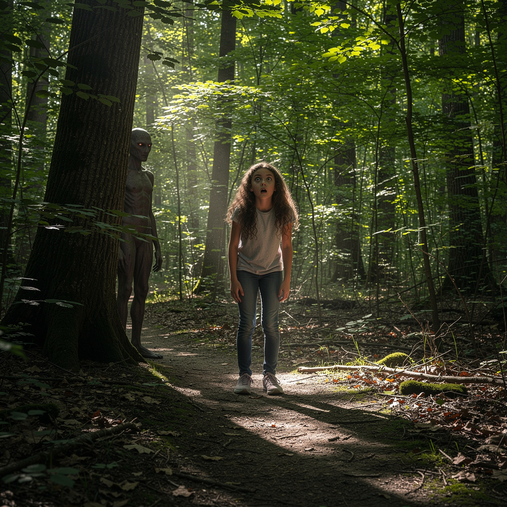 She sees a figure standing behind a tree, its eyes fixed on her.