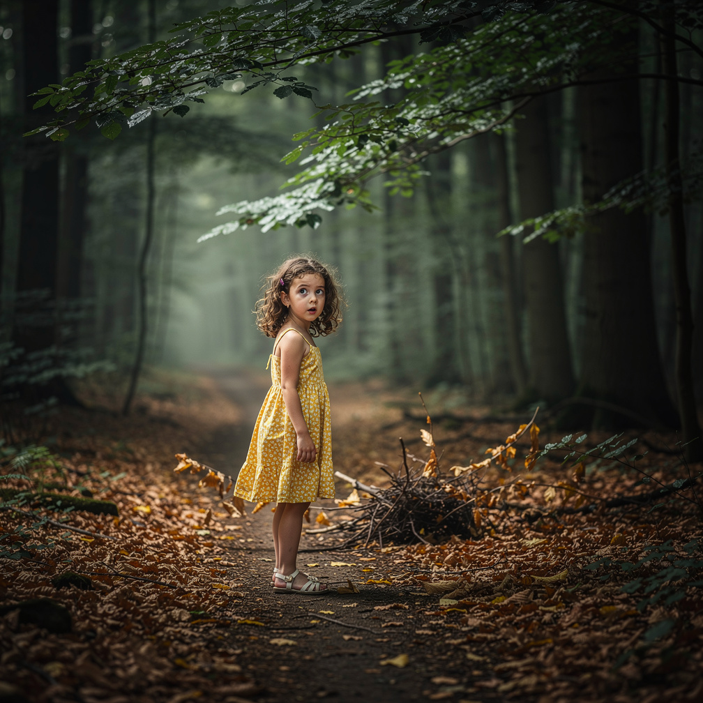She spins around, eyes wide with fear, but sees nothing, just trees swaying gently in the wind. Suddenly, twigs snap behind h