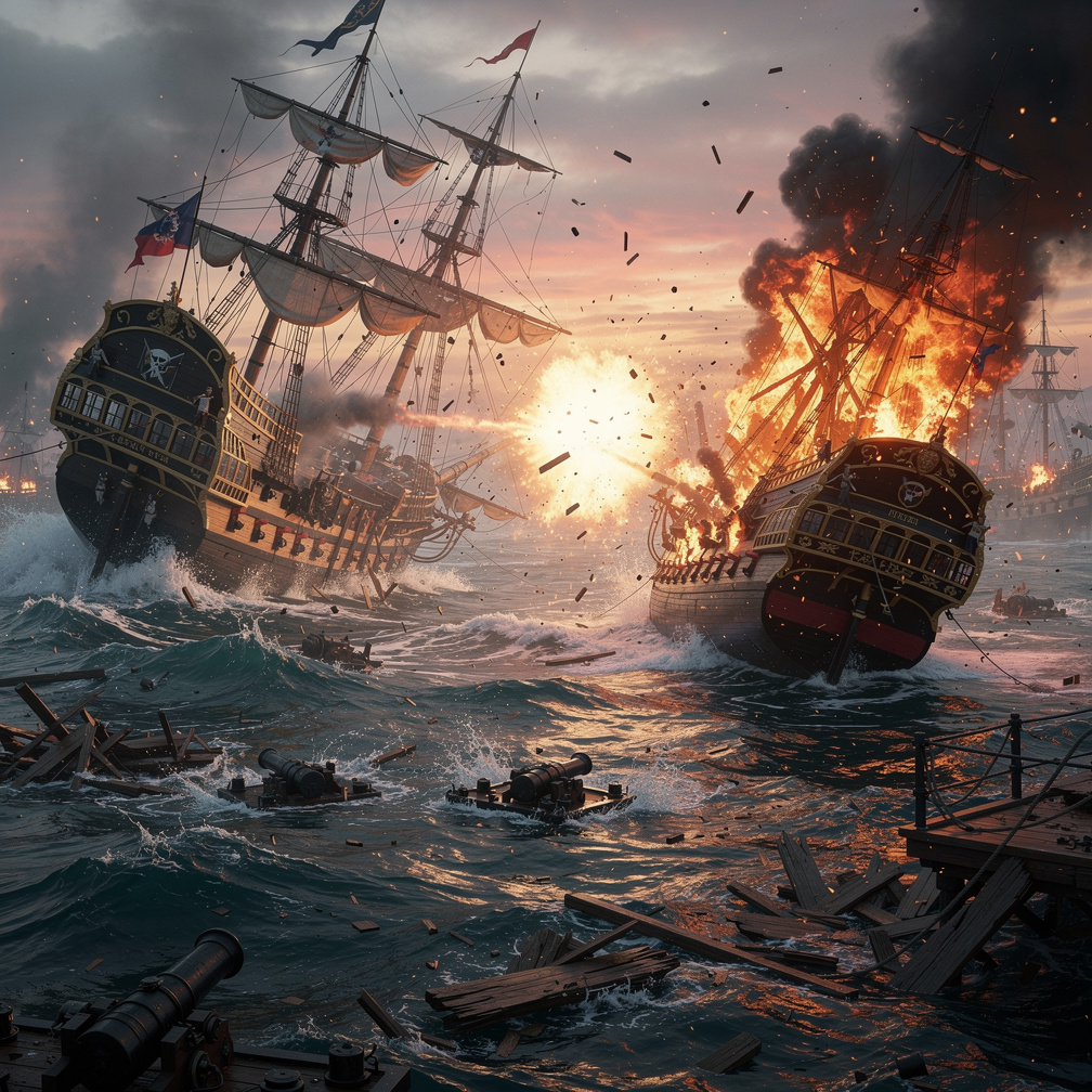 O navio pirata estava em chamas, enquanto o galeão inimigo começava a afundar lentamente.