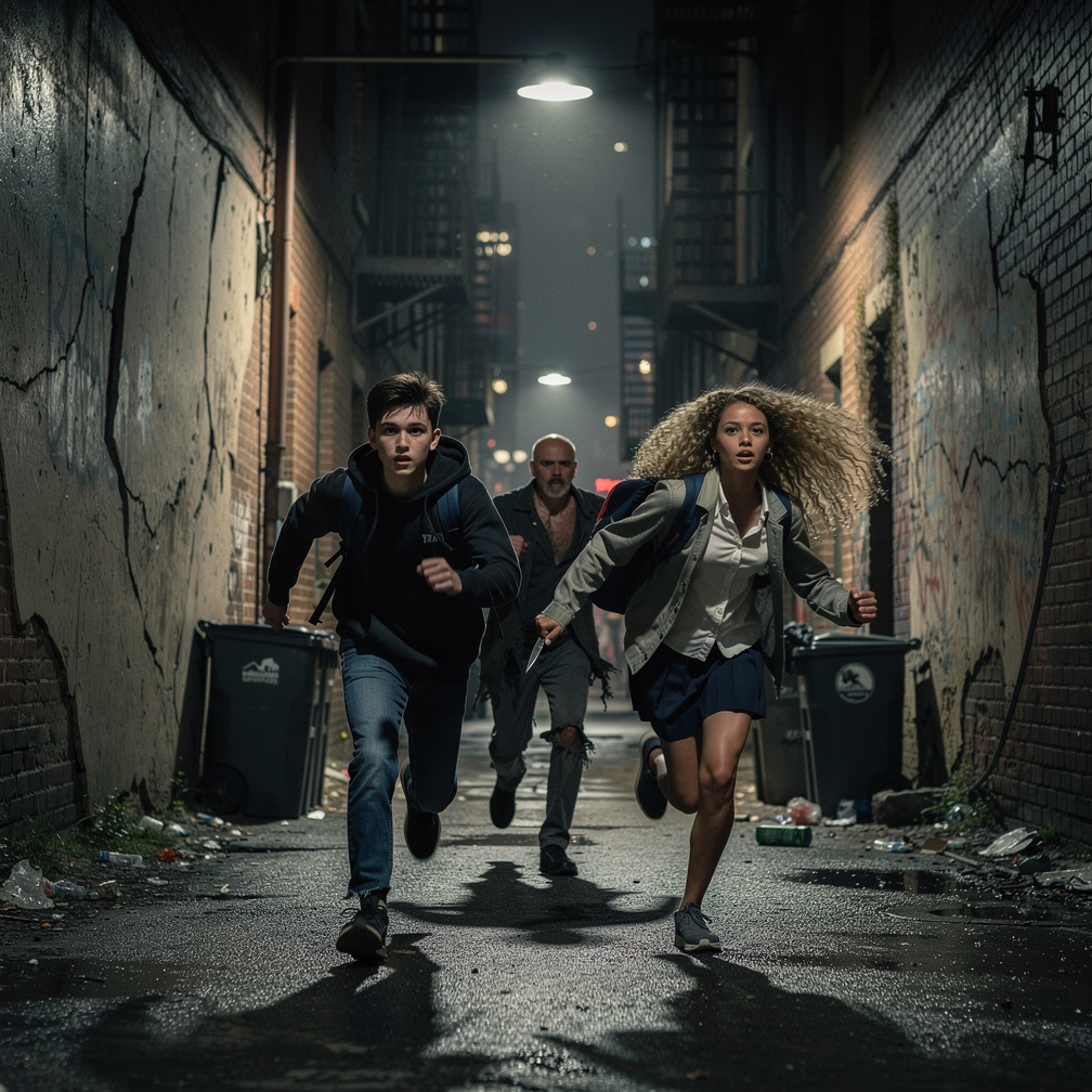 They sprinted through alleys, desperate to escape, as the killer's heavy breathing closed in behind them.