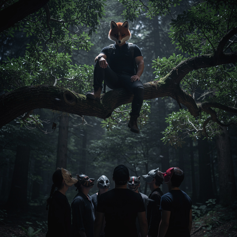 Kevin's eyes gleamed behind the mask as he watched his pursuers gather below the tree.