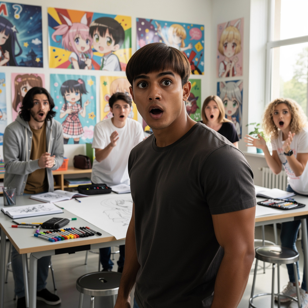 Kevin landed in manga club room and shocked members stared at his anime-like face.