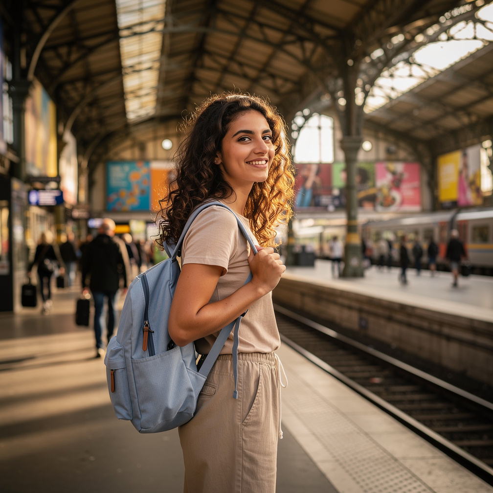 As she stepped off the train, the unfamiliar station stirred a thrill within her, beckoning her to explore.