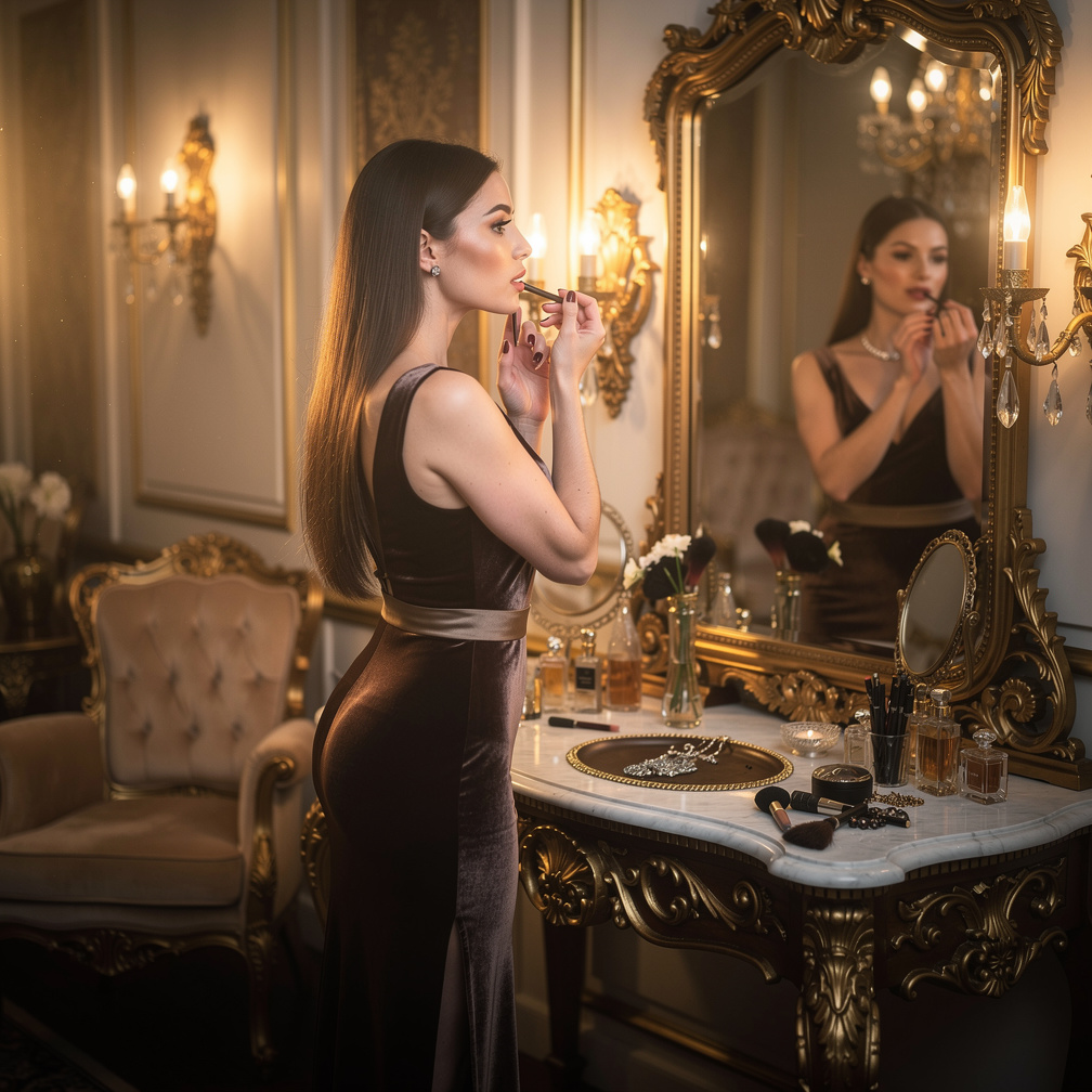 Lucrezia prepara-se para uma noite de sedução, seu perfume favorito, Jardim Secreto, envolve o ar ao seu redor.
