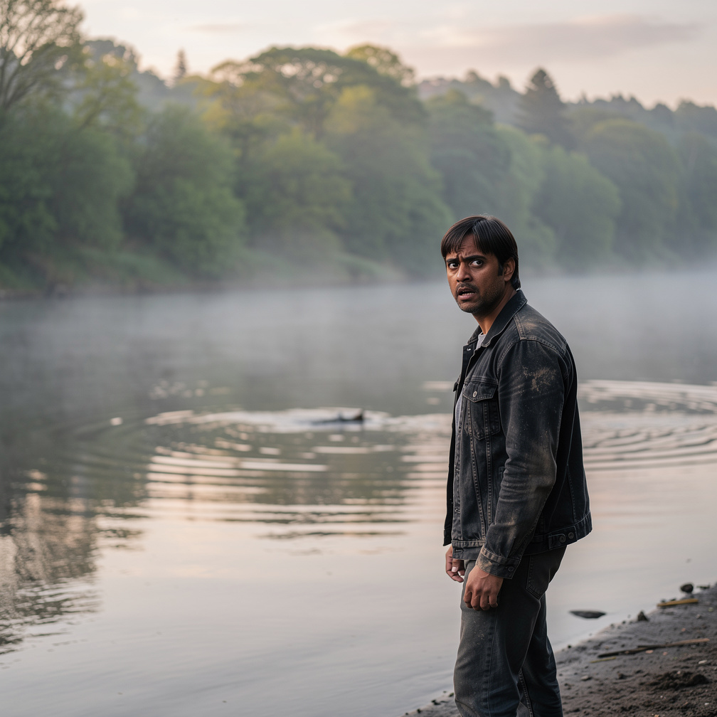 Marcus stood at the river's edge, puzzled, scanning the water for any sign of the fugitives, but the misty dawn hid everythin