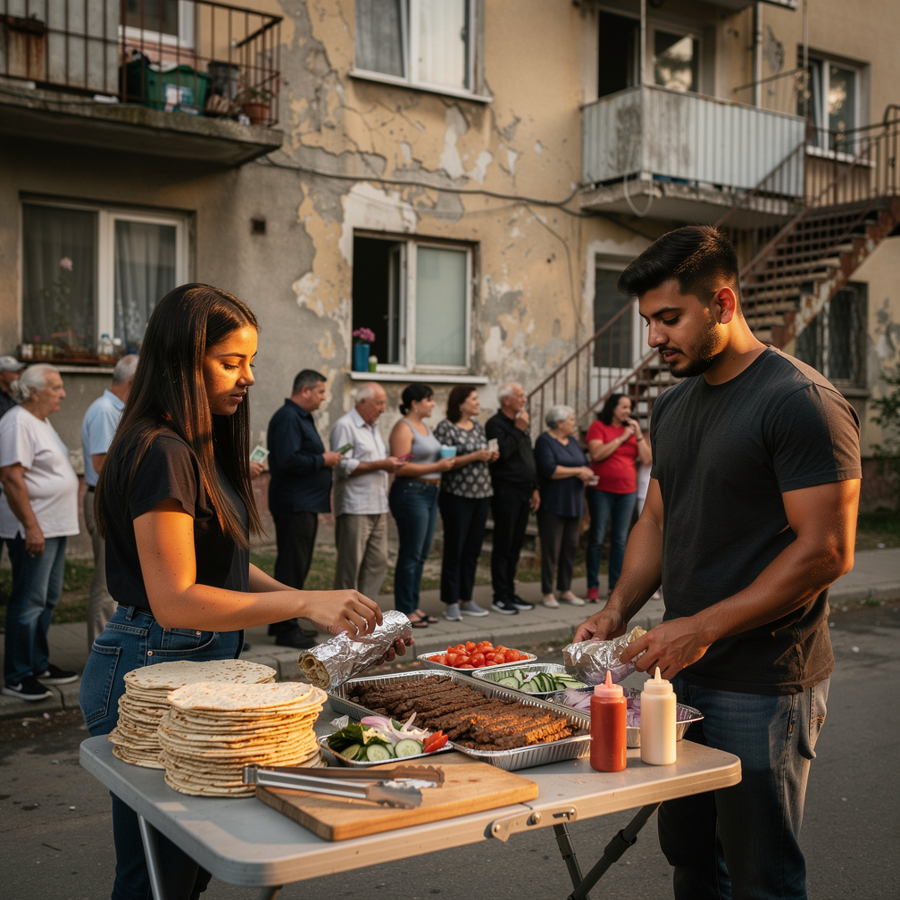 Amina's shawarma recipe gained popularity, and people began lining up outside their building, bringing hope to their struggli
