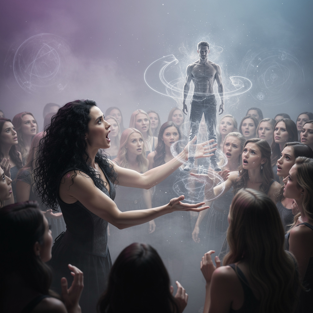 Marcus appeared, surrounded by mesmerized women, as the witch's smoke sketch swirled into reality.