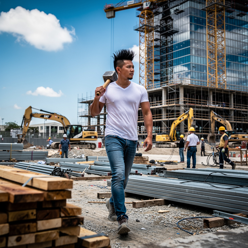 He walked into the site, sledge hammer on shoulder, his Asian hair styled perfectly amidst the chaos, catching coworkers' cur