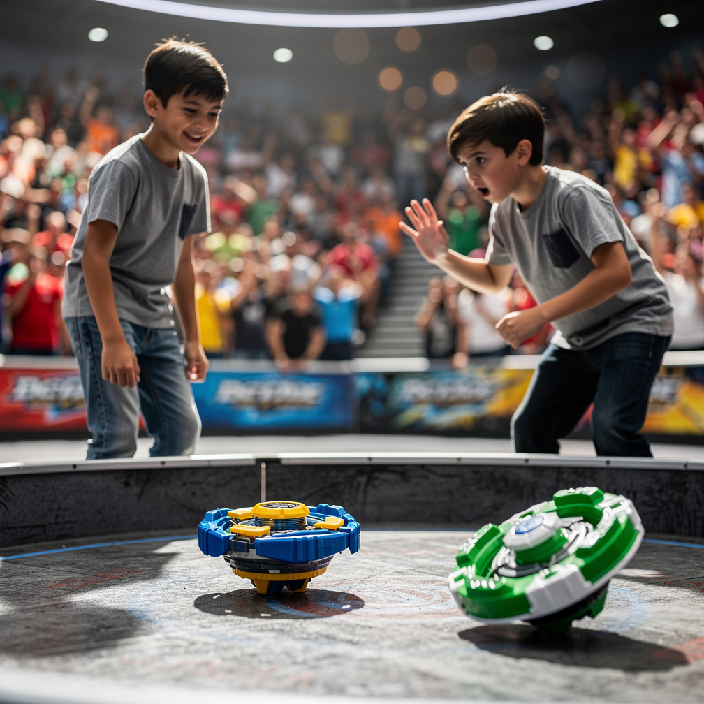 Mavi sarı beyblade zaferini kutlarken suddenly yeşil beyaz beyblade'ın sahibi ortaya çıkarak itiraz etti.