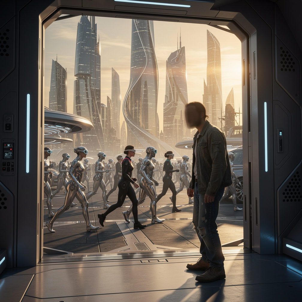 People in futuristic attire hurry past, their faces buried in augmented reality glasses, oblivious to your presence.