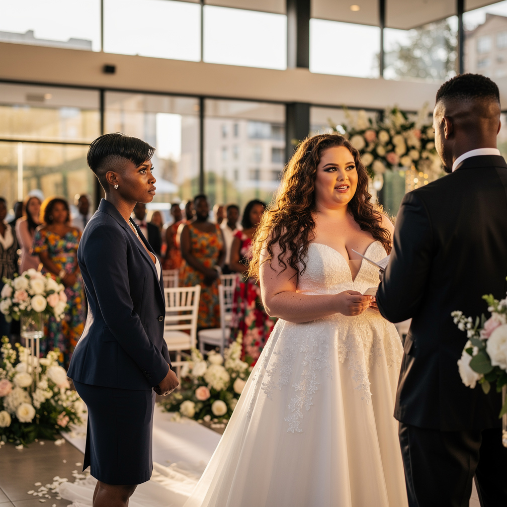 Zamase's eyes widen as she stares at Zanokuhle, now her brother's bride, exchanging vows.
