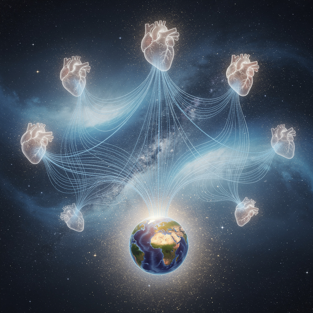 Threads of stardust weave through human hearts, echoing celestial rhythms that resonate with Earth's core.