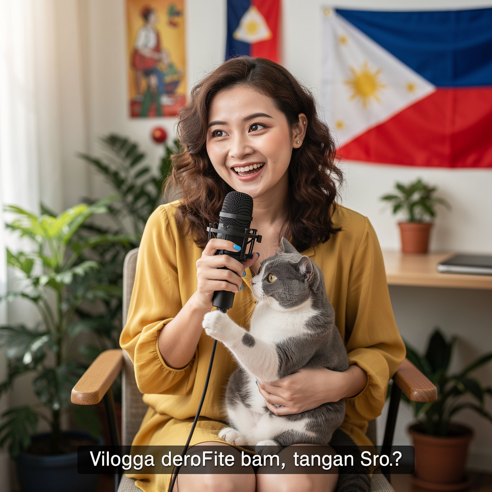 She begins filming, nervously introducing herself in Tagalog, but her cat jumps onto her lap, stealing the show.