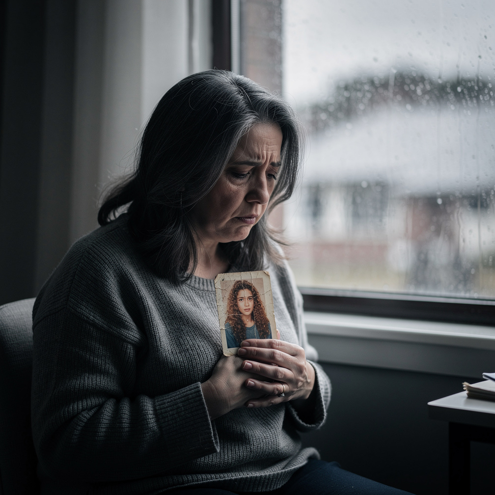 Krissha's mother stared out the window, raindrops sliding down the pane like tears, as she clutched a faded photo of her daug