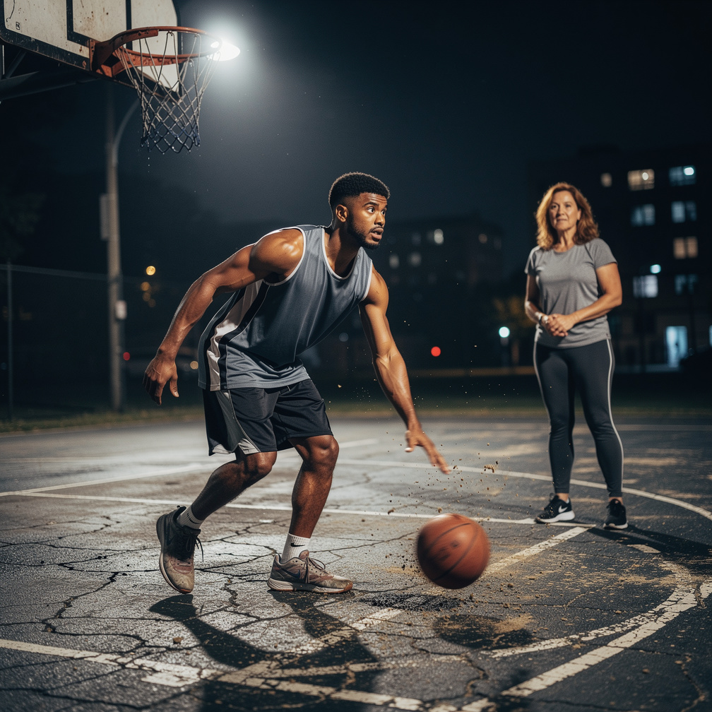 Malik's sneakers screech on the asphalt as he drives to the hoop, the ball bouncing wildly before he sinks a difficult layup,